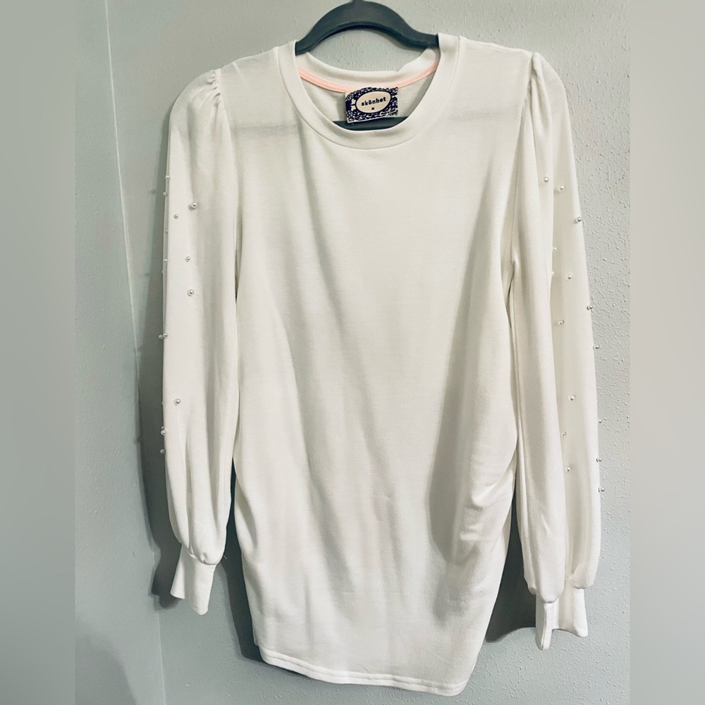 Maternity Shirt with Pearls, White Longsleeve Maternity Blouse